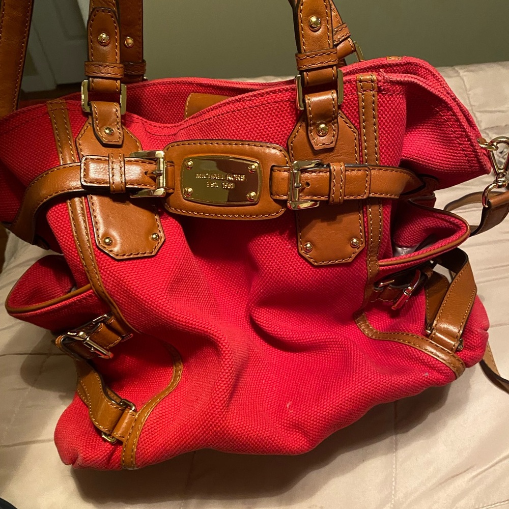 Michael Kors Red Canvas Shoulder Bag with Brown Accents